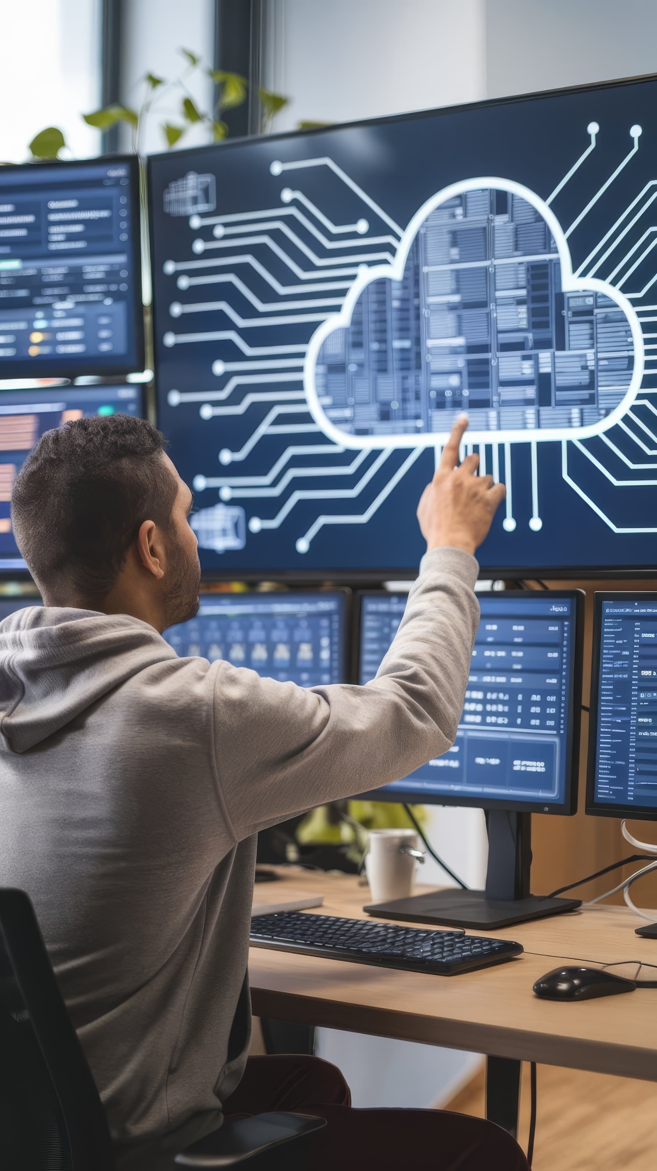 Specjalista IT prezentuje architekturę chmury obliczeniowej na wielomonitorowym stanowisku