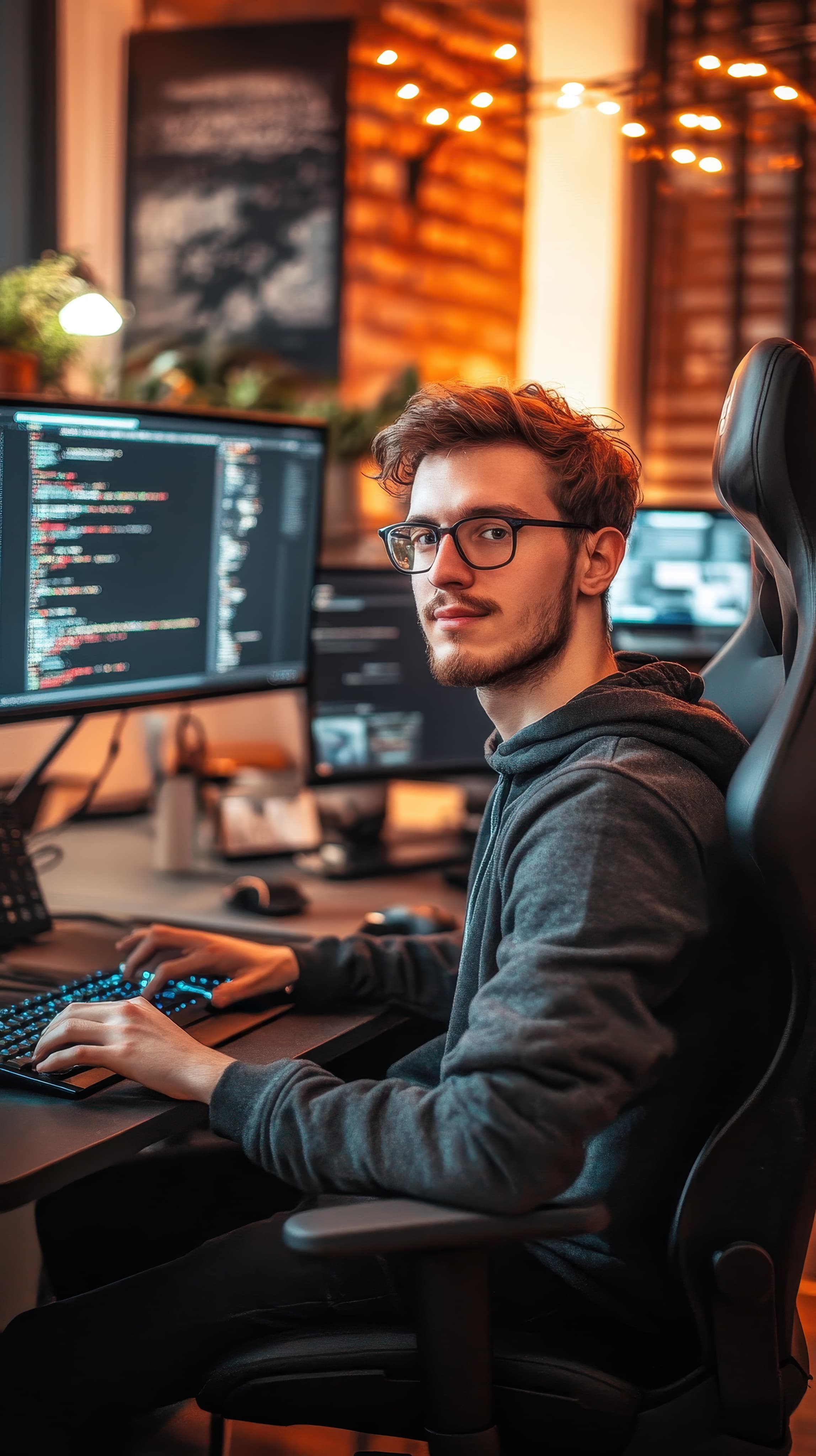 Młody programista przy stanowisku z dwoma monitorami uczy się kodowania w technikum online