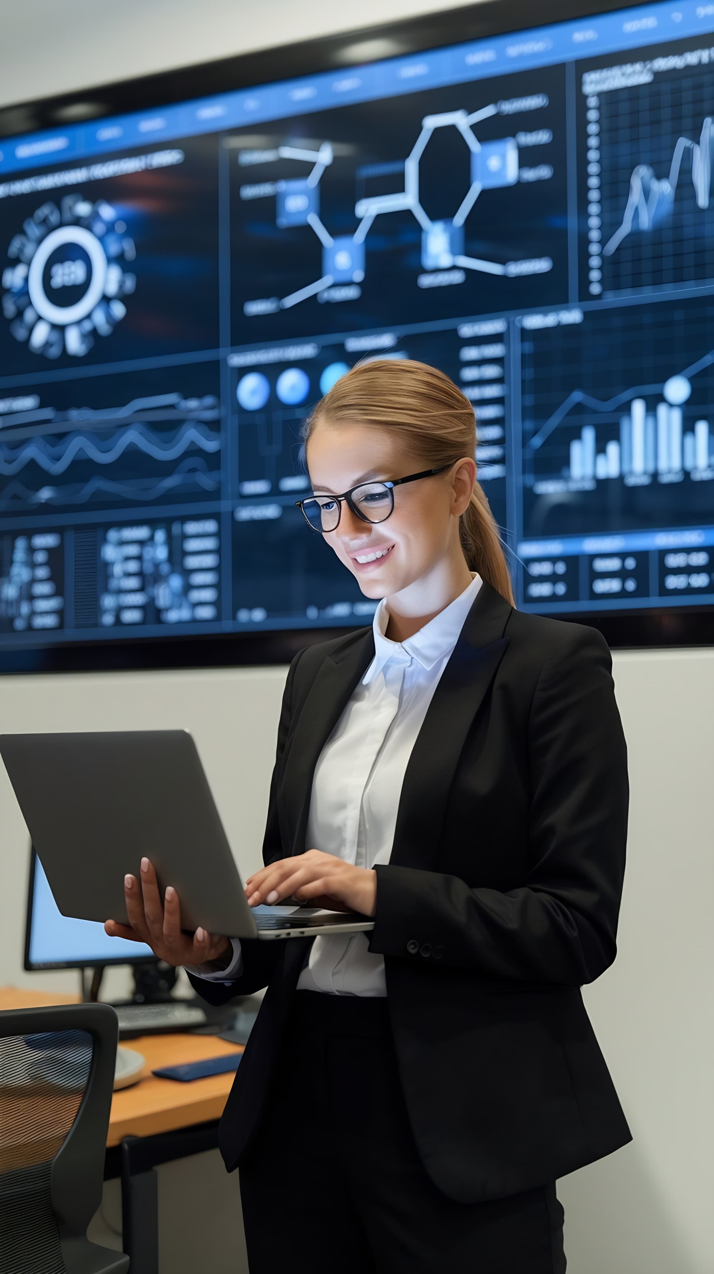 Absolwentka szkoły programowania z laptopem analizuje dane na dashboardzie analitycznym